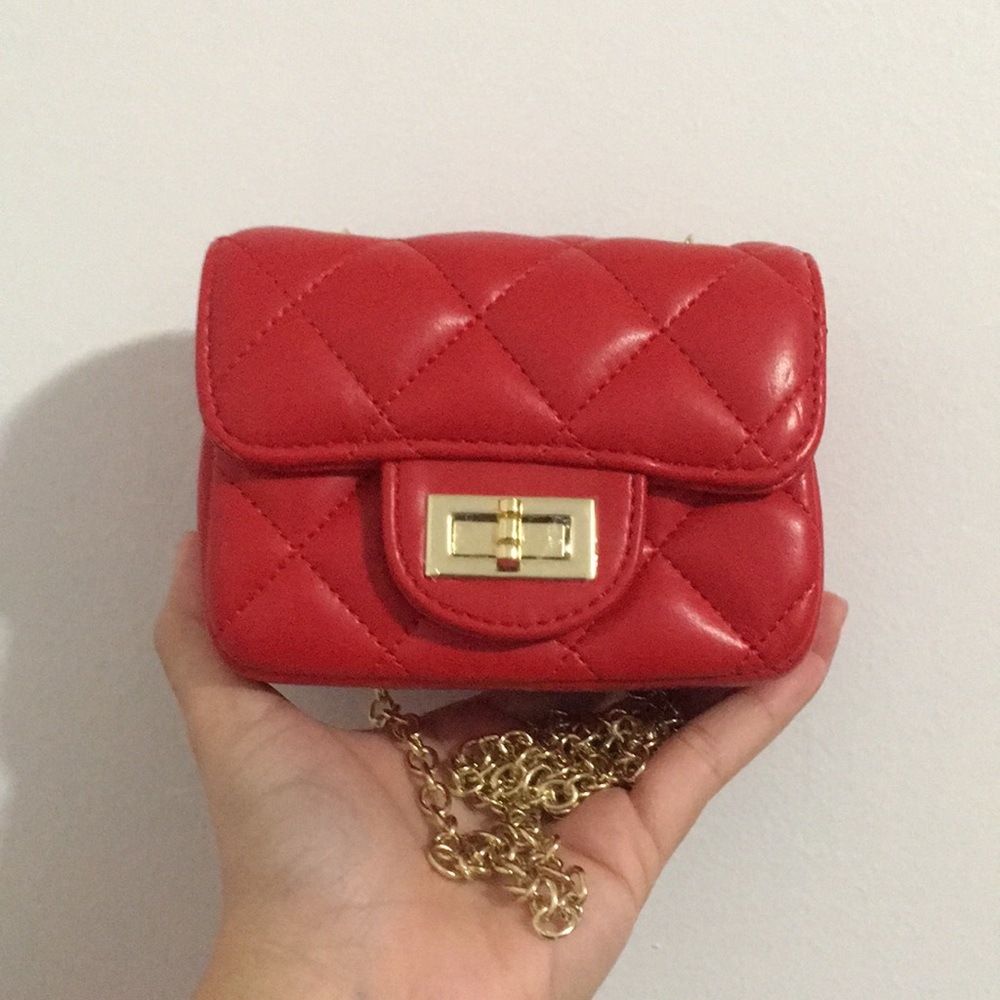 Mini Red with Gold Hardware Turnlock Quilted Crossbody Evening Bag Purse